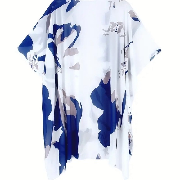 NIB NEW SemiSheer Open Front Cardigan All Over Print Batwing Sleeve White Blue - Picture 2 of 10